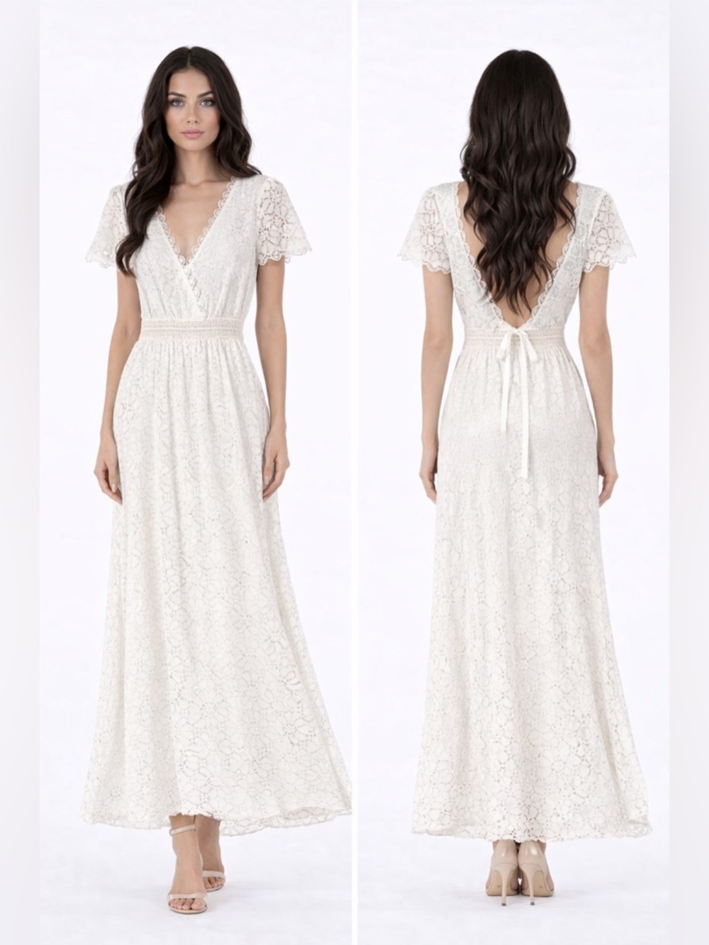 Delicate Lace V-Neck Maxi Dress in Ivory